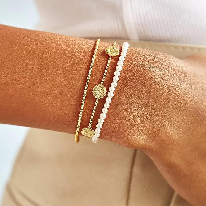 Gold Bracelets for Women,14K Dainty Gold Plated Bracelets Non Tarnish Waterproof Diamond Bracelets Heart Flower Round Square CZ Charm Bracelet Trendy Stuff Jewelry Gifts for Her