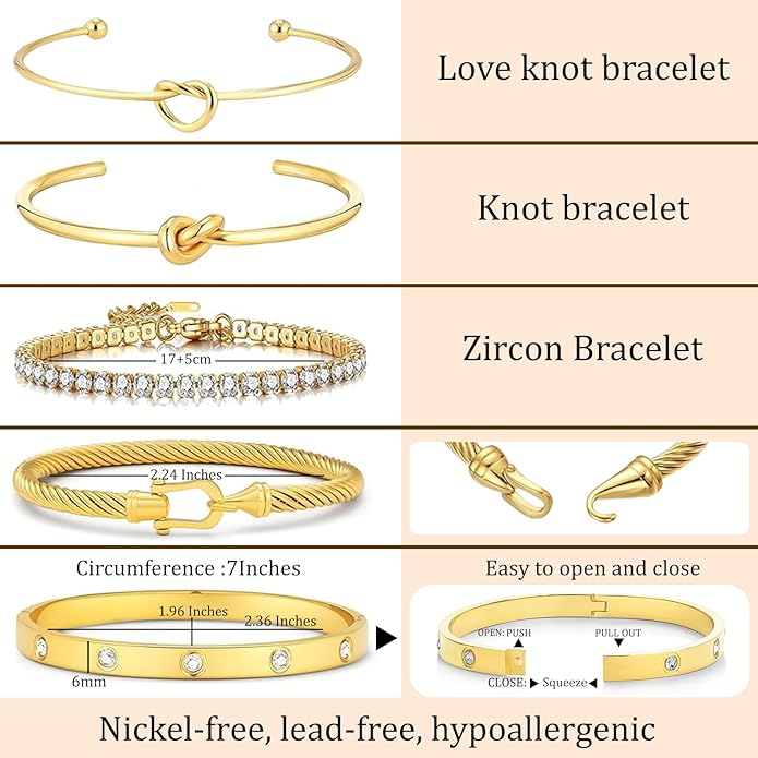 FAFUGA 18 K Gold Plated Love Bangle Bracelet Stack Cuff Jewelry for Women Jewelry Set for Women Gift with Box