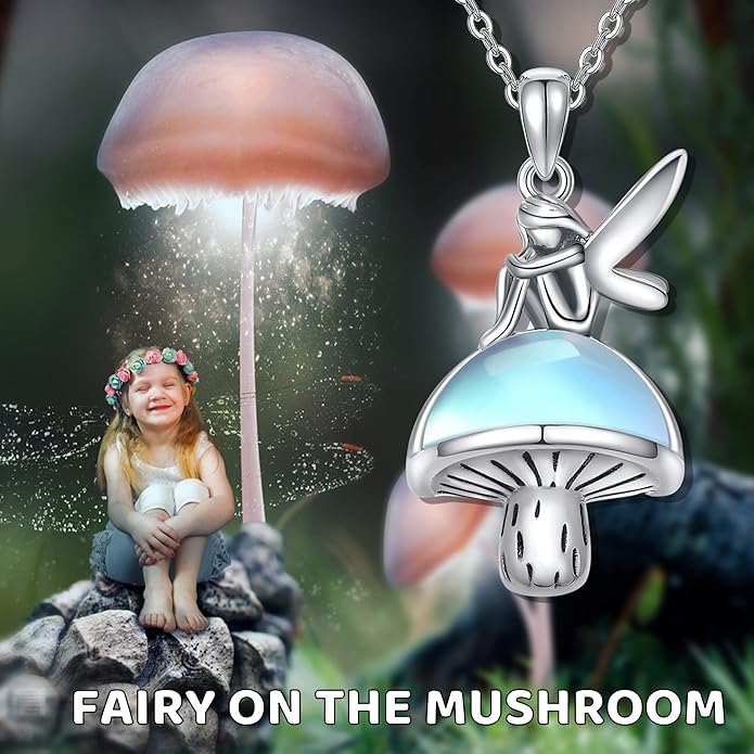 YAFEINI Mushroom Necklace Moonstone/Moss Agate/Malachite/Labradorite/Turquoise/Amber/Larimar/Black Onyx/Lapis Lazuli/Peridot/Opal Sterling Silver Mushroom Pendant Mother's Day Jewelry for Women Mom