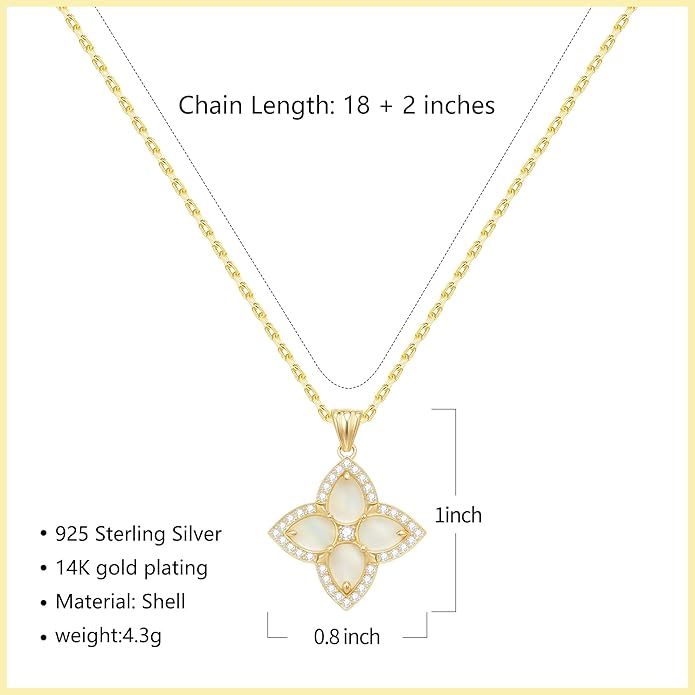 S925 Women's Sterling Silver Pendant Necklace - Classic Mother Pearl Four-Leaf Flower Necklace with Cubic Zircon, Hypoallergenic Fine Jewelry Gift