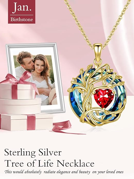 TOUPOP Christmas Gifts Tree of Life Birthstone Necklace 925 Sterling Silver Pendant Austrian Crystal Jewelry Anniversary Birthday Gifts for Women Mom Her Wife