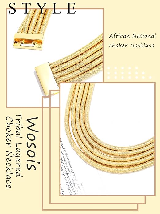 African Choker Necklace Gold Rope Weave Collar Layered Boho Tribal Chokers Multilayer Statement Party Jewelry Accessories for Women