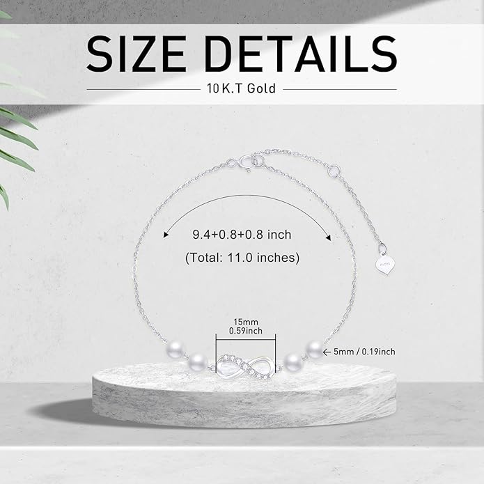 SISGEM 10k Gold Infinity Anklet for Women, Real Freshweter Cultured Pearl and Created Moissanite Love Jewelry Ankle Bracelet for Her, 9.4-11 Inches