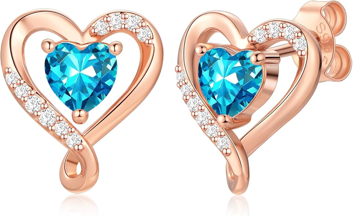 Earrings for Women, S925 Sterling Silver Rose Gold Birthstone Heart Studs Earring for Girlfriend Wife, Anniversary Birthday Christmas Valentines Mothers Day Gifts Jewelry for Women Wife Her Mom