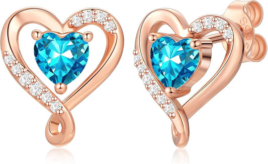Earrings for Women, S925 Sterling Silver Rose Gold Birthstone Heart Studs Earring for Girlfriend Wife, Anniversary Birthday Christmas Valentines Mothers Day Gifts Jewelry for Women Wife Her Mom