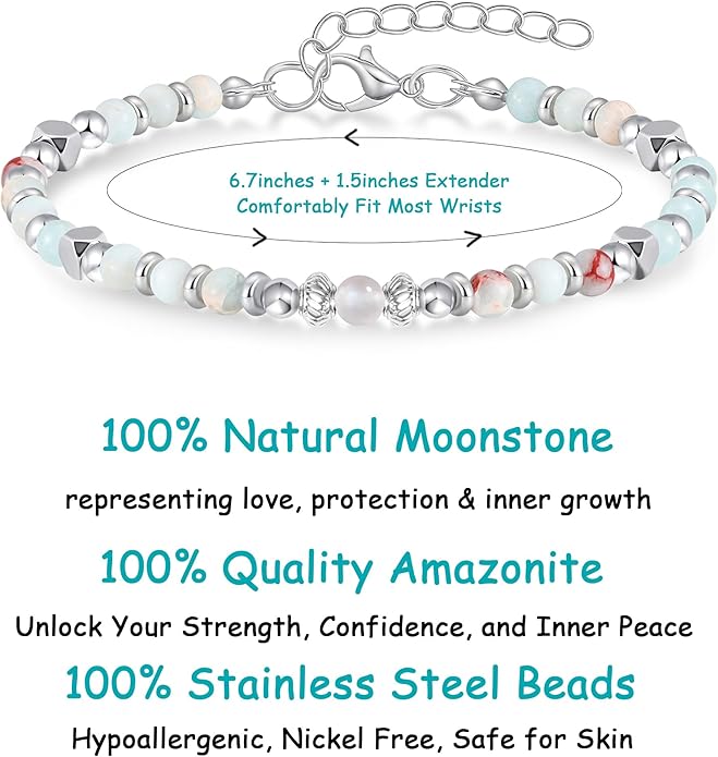 Moonstone Beaded Bracelet for Women - Calming & Empowering Healing Crystal Jewelry, Adjustable Chakra Balancing Gift for Mom, Sister, Daughter - Birthday Christmas