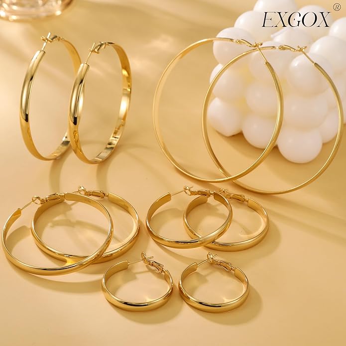 EXGOX 5mm Wide Gold Hoop Earrings for Women,Sterling Silver Hoop Earrings Large Silver Hoop Earrings Hypoallergenic Lightweight 14K Real Gold Plated Big Hoop Earrings for Women 30/40/50/60/70mm