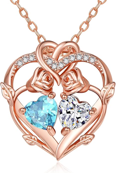 Rose Gold Necklaces for Women Double Birthstone Rose Flower Heart Pendant Necklace Jewelry Anniversary Christmas Valentine's Mother's Day Birthday Gift for Wife Mom Her Girlfriend Sister