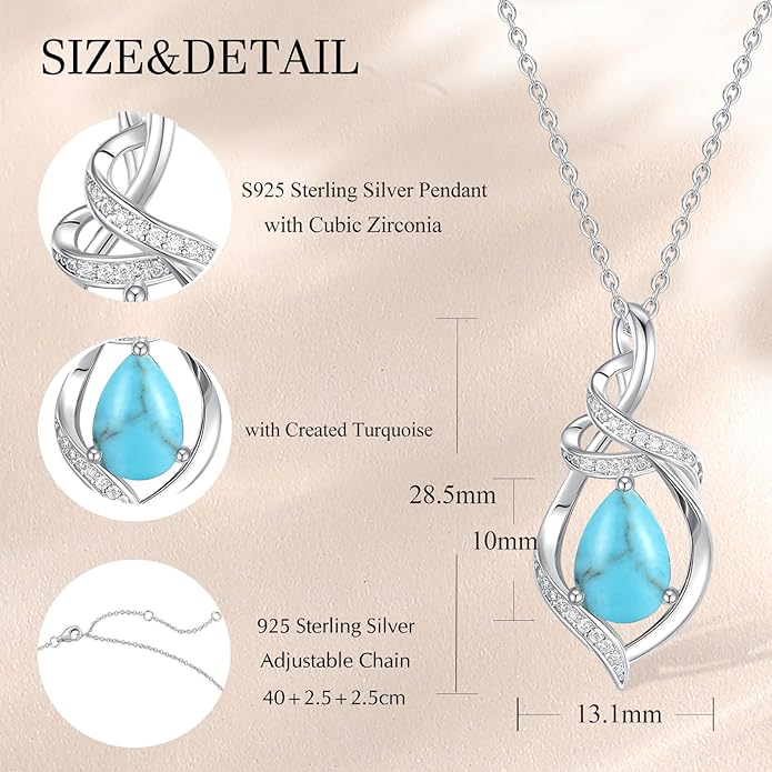 FANCIME Teardrop Gemstone Necklace for Women S925 Sterling Silver Elegant Ribbon Pendent Birthday Gifts for Her, 16"+2" Inches