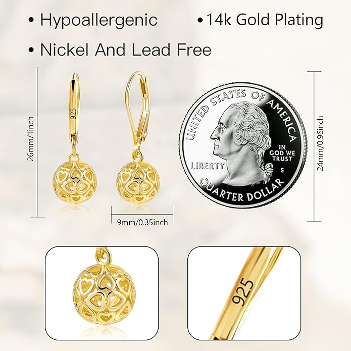 925 Sterling Silver 14K Gold French Style Leverback Earrings, Heart Dangle Drop Earrings for Women Hypoallergenic Jewelry