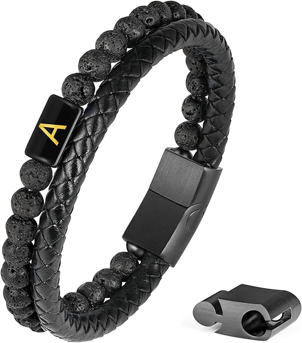 FOCOOG Leather Bracelets for Mens Gifts - Premium Genuine Leather Natural Lava Rock Matte Agate Adjustable Stainless Steel Magnetic Clasp Initial Bracelet, Unique Gifts for Men Husband Dad Son