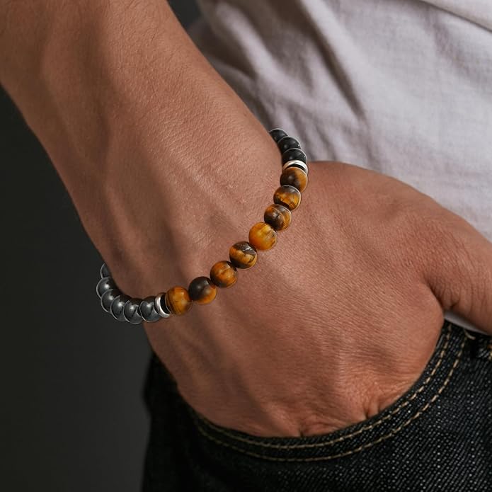 Triple Protection Bracelet for Men, Mens Black Obsidian Hematite Tiger Eye Beaded Natural Stone Evil Eye Bracelet Jewelry Gifts for Birthday Christmas