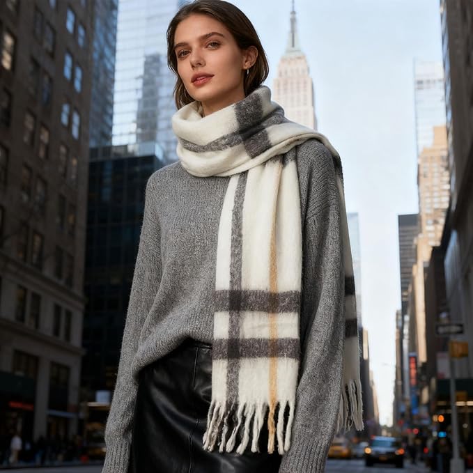 SHOHOKU Large Chunky Plaid Scarf Coloured Checked Oversized Scarf Tassel Soft Fall Winter Thick Warm Shawl Women