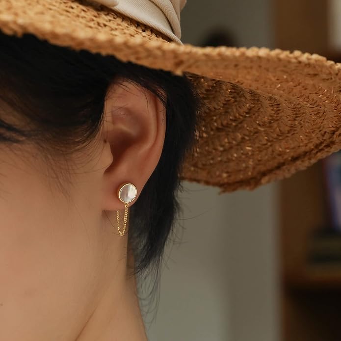 S.Leaf Gold Stud Earrings for Women 925 Sterling Silver Hypoallergenic Mother of Pearl Shell Stud Chain Earrings Friendship Jewelry Gifts for Women Her
