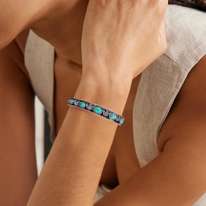 Native American Genuine Turquoise Cuff Bracelet for Women 925 Sterling Silver Turquoise Boho Bangle Adjustable Fit for 6.5 to 7.5 Inch