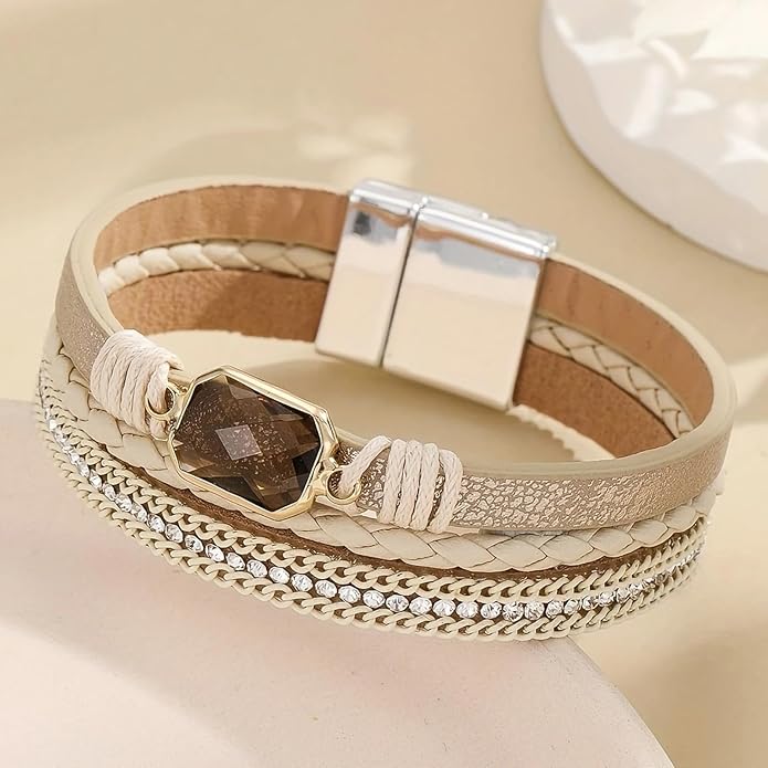 Fesciory Leopard Bracelet for Women, Boho Leather Wrap Multi-Layer Pearl Crystal Bracelet Bangle Jewelry