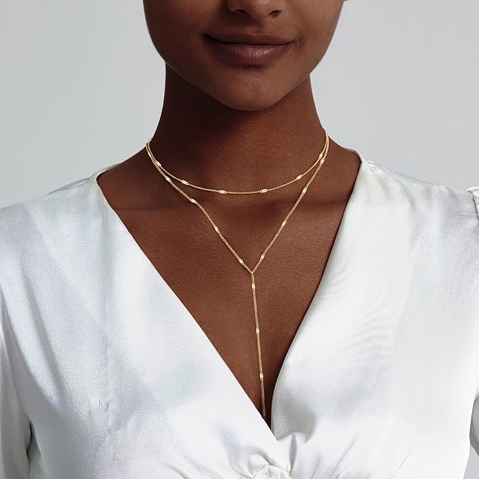 HAXIYA Lariat Gold Necklace for Women Dainty Long Necklace 14k Gold Plated/Silver Y-Shaped Pendant Drop Chain Trendy Layered Pearl/Beaded/CZ Necklaces Simple Gold Jewelry For Women Gift