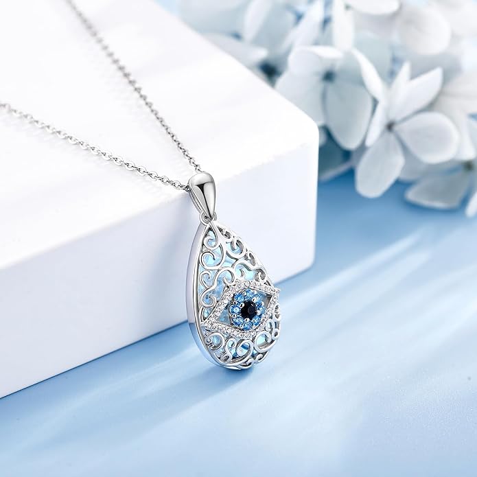 Evil Eye Necklace 925 Sterling Silver Moonstone Evil Eye Pendant Necklace Evil Eye Lucky Protection Jewelry Gifts for Women