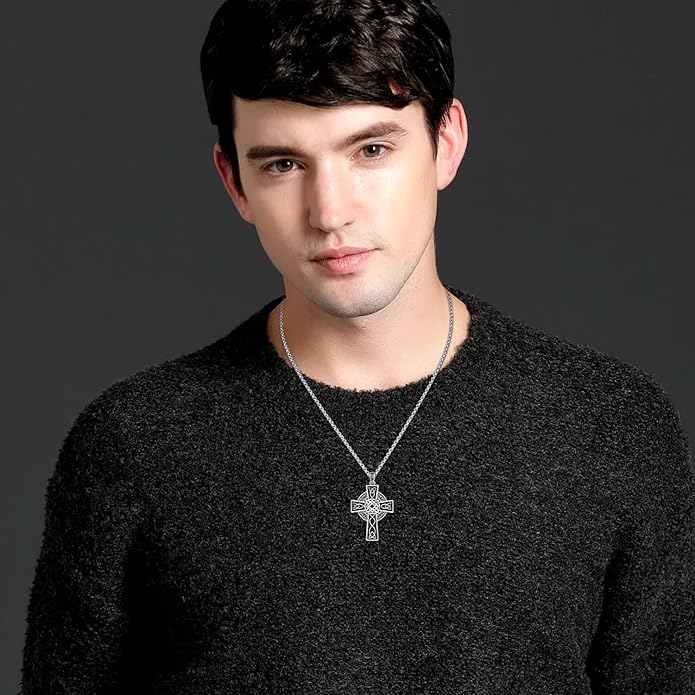 Midir&Etain Celtic Cross Necklace 925 Sterling Silver Cross Pendant Necklace Celtic Viking Irish Jewelry Religious Protective Gift for Men Women