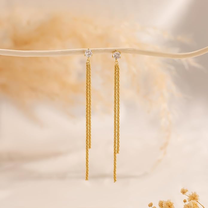 Moodear Dangle Earrings 14K Gold Plated Chain Earrings for Women Trendy Dainty Hypoallergenic Long Chain Drop Tassel CZ/Pearl Earrings Wedding Jewelry Gift
