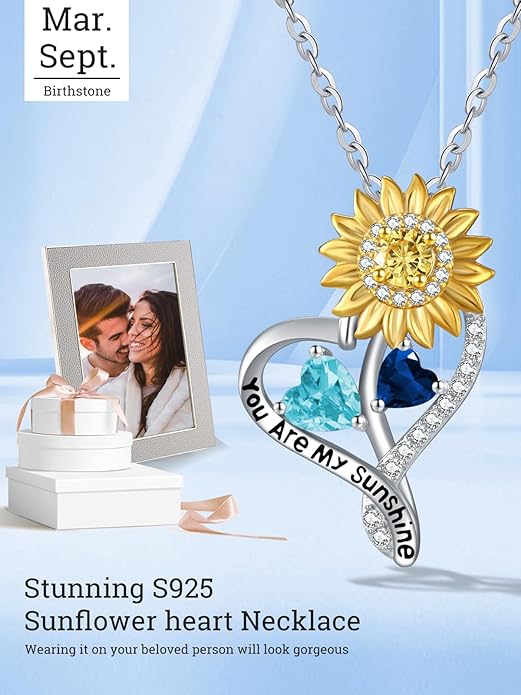 Zeuslia Double Birthstone Necklace Gifts for Wife - 925 Sterling Silver Sunflower/Rose/Crown Cross/Compass/Heart Pendant I Love You Necklace, Anniversary Birthday Gifts for Wife Girlfriend Mom Her