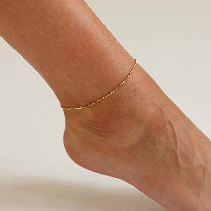 Dainty Ankle Bracelets for Women 18K Gold Plated Satellite Beaded Herringbone Chain Anklets Simple Lip Chain Anklet Minimalist Summer Beach Foot Jewelry Christmas