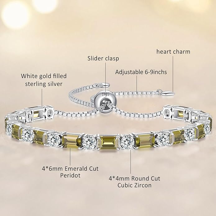 Birthstone Tennis Bracelets for Women White Gold Sterling Silver Gemstone Bracelets Adjustable Chain 6-9 Inchs Jewelry Anniversary Birthday Gifts for Women Mom Wife Her