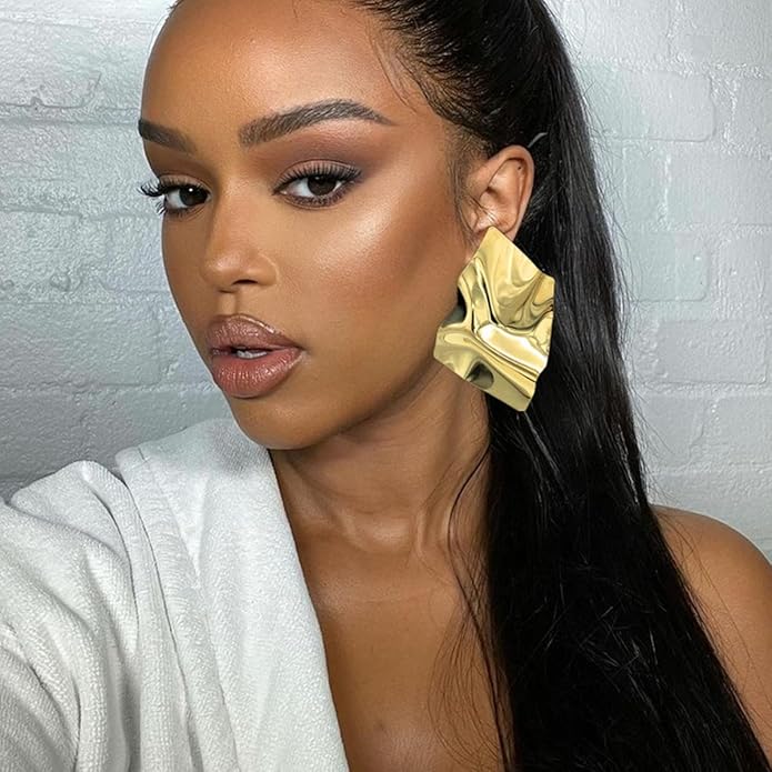 Statement Geometric Square Earrings for Women,14K Gold Plated Large Fashion Texture Irregular Minimalism Earrings,Trendy Ripple Boho Drop Dangle Earrings,Metal Modern Rectangle Retro 80s Jewelry