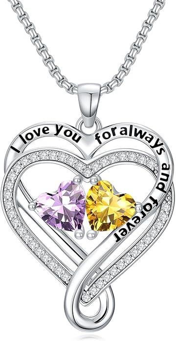 I Love You for Awlays and Forever Double Heart Necklace with Birthstone, 2 Birth Stone Jewelry Anniversary Valentines Mothers Day Christmas Birthday Gifts for Women Her Wife Girlfriend Mom Mother