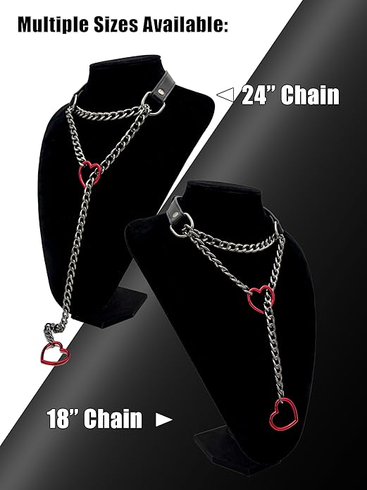 Black Leather Choker Collar For Women, Handmade Heart Slip Chain Choker Long Necklace with Adjustable Buckle