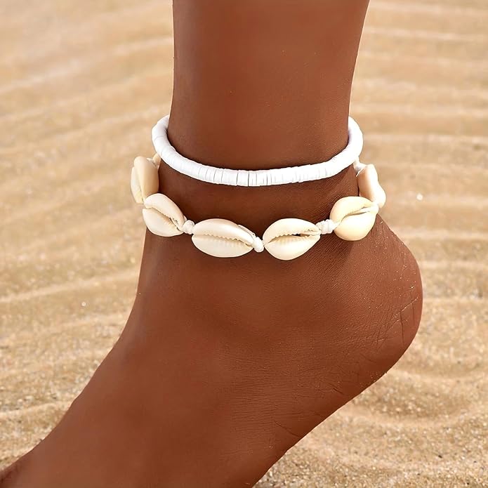 Shell Ankle Bracelet Set for Women, Gold Plated Boho Bead Adjustable Anklet, Hawaiian Beach Seashell Pearl Heart Starfish Conch Foot Jewelry Gifts