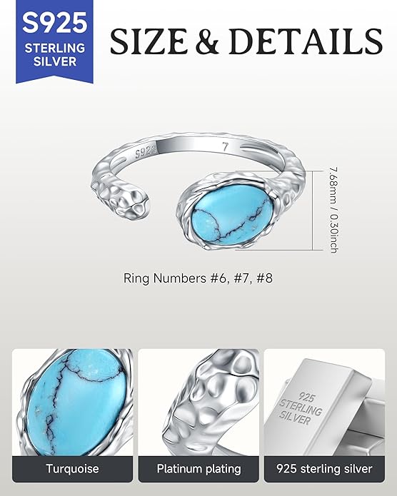 S925-Sterling-Silver Abalone Dragonfly-Turquoise Spoon Ring - Vintage Boho Sunflower Thumb Oxidized Wrap Rings Victorian Style Antique Floral Jewelry Gifts for Women