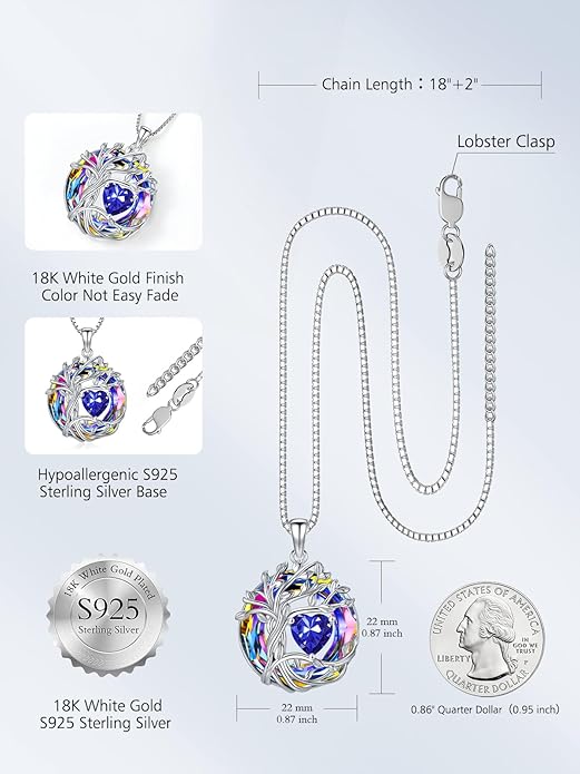TOUPOP Christmas Gifts Tree of Life Birthstone Necklace 925 Sterling Silver Pendant Austrian Crystal Jewelry Anniversary Birthday Gifts for Women Mom Her Wife