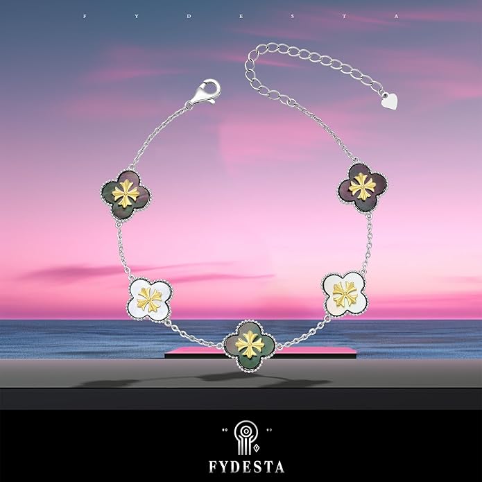 Fydesta 18K Gold Plated Clover Bracelet, Mother of Pearl Four Leaf Flower Bracelet for Women, 6.9" + 2" Adjustable Bracelet, Cross Motif, Gold or Silver Tone