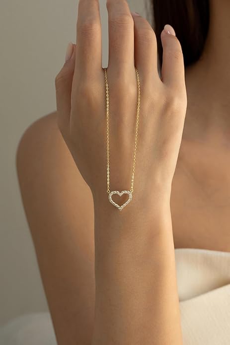 14k Gold Plated Cubic Zirconia Heart Necklace | Women's Heart Pendant Necklace (Sterling Silver)
