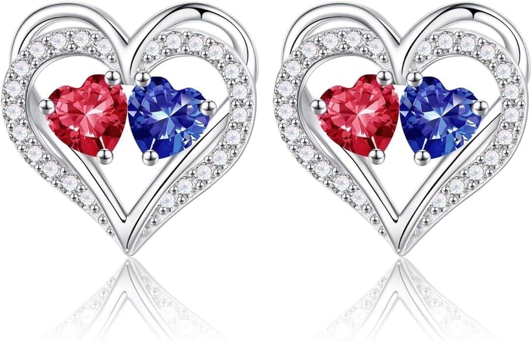 Iefil Birthstone Earrings for Women - 925 Sterling Silver Heart Earrings Anniversary Birthday Gifts for Women Wife Girlfriend Mom