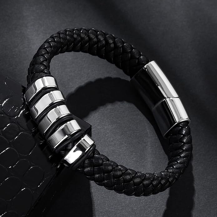 Leather Bracelet for Men Braided Cuff Wristband Stainless Steel Clasp in Silver and Gold Jewellery Gift