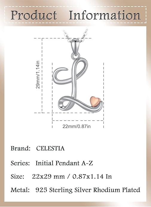 CELESTIA 925 Sterling Silver Initial Necklaces 26 Letter with Rose Gold Heart - 18 Inch Chain