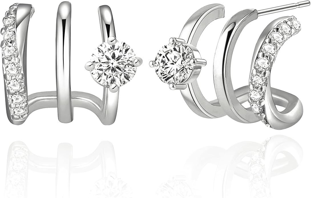 14K Gold Plated Hoop Earrings for Women Triple Huggie Illusion Stud Earring | Double Huggie Hoop Earrings for One Hole | Claw Ear Cuff Earring Jewelry Gift for Women