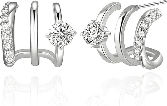 14K Gold Plated Hoop Earrings for Women Triple Huggie Illusion Stud Earring | Double Huggie Hoop Earrings for One Hole | Claw Ear Cuff Earring Jewelry Gift for Women