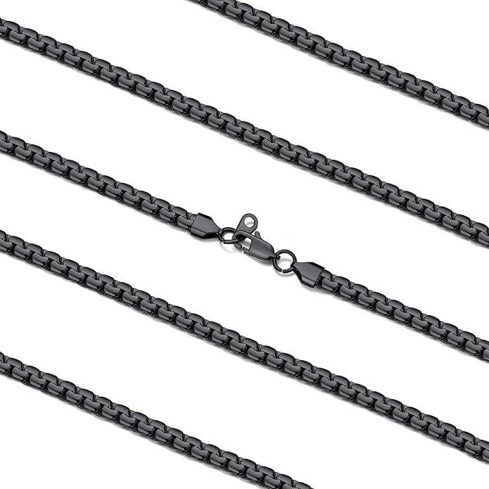 FaithHeart Mens Black/Silver/Gold Stainless Steel Flat Box Link Chain Necklace, Stylish 2/4/6/8mm Width Box Chains Necklaces for Men Non Tarnish Hip Hop Chain Jewelry Gifts,14"-30" Length