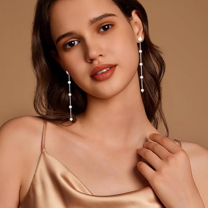 Zeffy Pearl Earrings for Women 14k Gold/Silver Pearl Drop Earrings Long White Pearl Tassel Dangle Statement Earrings Bridal Wedding Dainty Prom Earrings Birthday Gifts Jewelry