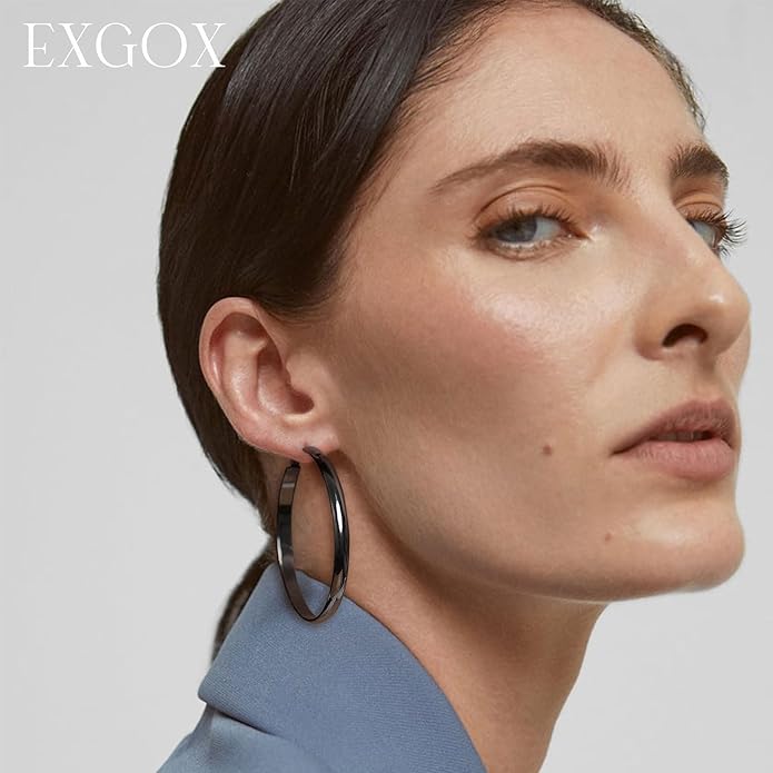 EXGOX 5mm Wide Gold Hoop Earrings for Women,Sterling Silver Hoop Earrings Large Silver Hoop Earrings Hypoallergenic Lightweight 14K Real Gold Plated Big Hoop Earrings for Women 30/40/50/60/70mm