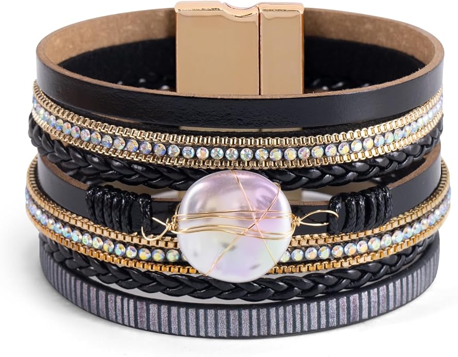 ENGCKSHI Wrapped Bracelets for Women,Leather Bracelet,Boho Bracelets for Women,Multi-Layer Pearl Crystal Bracelet Bangle Jewelry