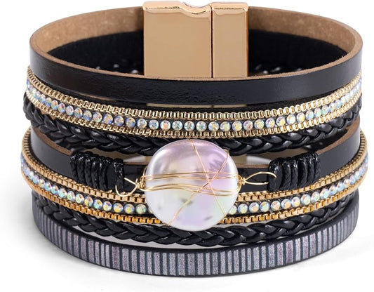 ENGCKSHI Wrapped Bracelets for Women,Leather Bracelet,Boho Bracelets for Women,Multi-Layer Pearl Crystal Bracelet Bangle Jewelry