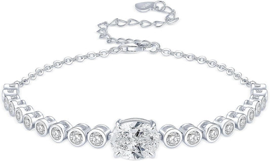 3CT Oval Moissanite Link Bracelet, 8x10mm Oval Cut D Color VVS1 925 Sterling Silver Adjustable Moissanite Bracelets for Women Mom Birthday Jewelry Gifts