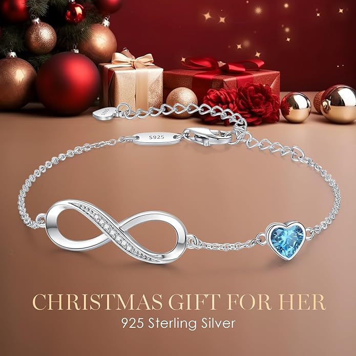 CDE Infinity Heart Birthstone Charm Link Bracelet for Women 925 Sterling Silver Adjustable Mother's Day Gift Anniversary Birthday Jewelry for Wife Girlfriend Her