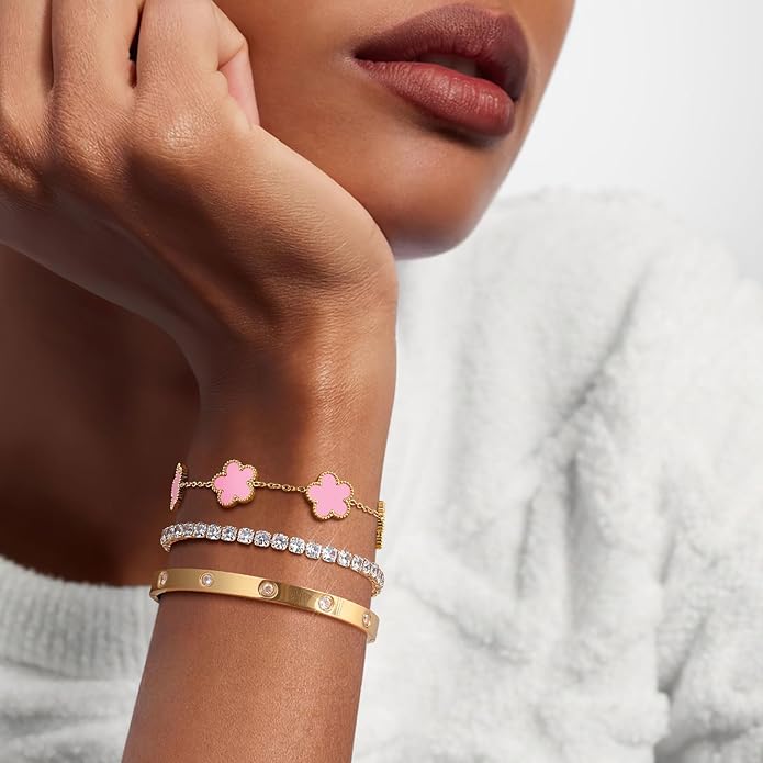 Womens Stackable Floral Gold Bracelets - 3Pcs 18K Gold Plated Bracelet,Stainless Steel Bangle Bracelets Non Tarnish, Gold Bracelet Set Trendy Jewelry,Christmas Valentines Birthday Gifts for Girlfriend