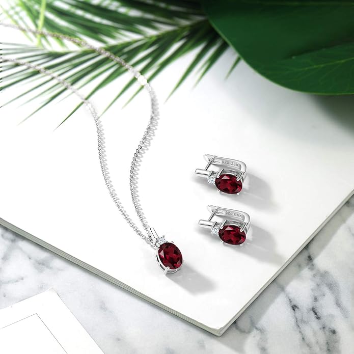 Gemstone Birthstone and White Created Sapphire Pendant and Earrings Jewelry Set for Women in 925 Sterling Silver | Oval 8X6MM and Round 2.5MM | With 18 Inch Chain | Fine Jewelry for Her Mom Women Wife