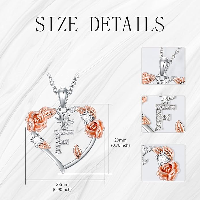 AOBOCO Rose Heart Necklaces Valentines Gifts for Women, 925 Sterling Silver Rose Love Heart Initial Letter Pendant Necklace Jewelry Mothers Day Christmas Birthday Gifts for Her Mom Wife Girlfriend